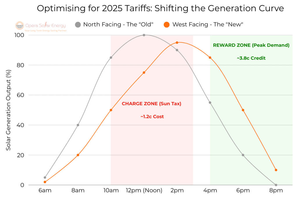 24-hour export tariff line graph for Ausgrid and Endeavour Energy networks. Visualizes the 'Solar Soak' charge window (10am–3pm) at ~1.2c/kWh cost versus the 'Peak Reward' window (4pm–9pm) at ~3.8c/kWh credit, illustrating why west-facing solar arrays yield higher ROI.