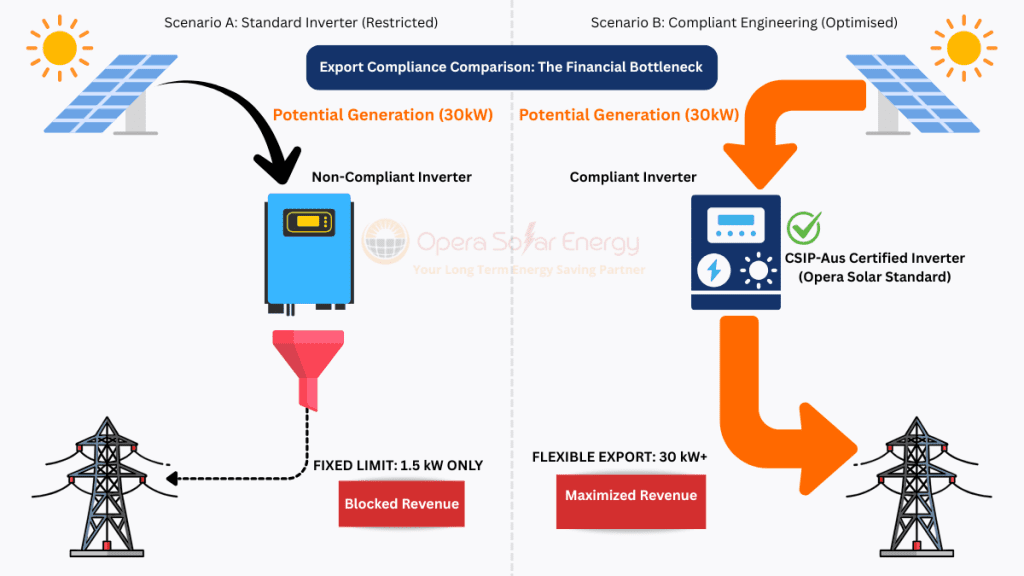 Schematic diagram comparing solar export limits on Endeavour Energy networks. The left side illustrates a non-compliant inverter restricted to a 1.5kW fixed export limit (bottleneck). The right side shows a CSIP-Aus compliant smart inverter allowing full 30kW+ flexible exports (maximized revenue), demonstrating the financial importance of certified hardware.
