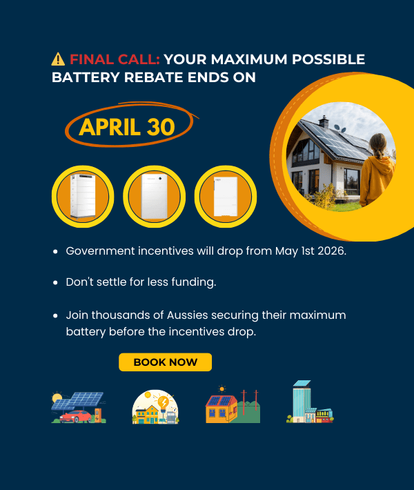 Urgent solar battery rebate deadline banner. Text reads: 'Final Call: Your Maximum Possible Rebate Ends April 30'. Opera Solar promotional offer for Australian homeowners.