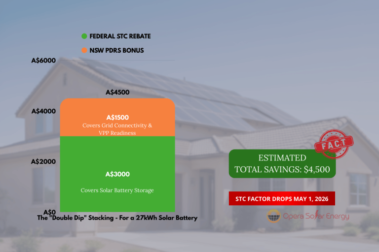 NSW Solar Battery Double Dip Infographic showing combined Federal STC and State PDRS incentives for 2026.