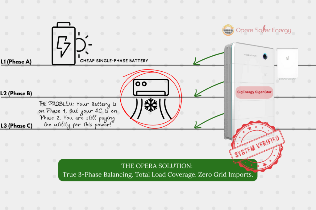 NSW Home Battery Incentive 2026: The "Double Dip" Guide 3 Technical 3-phase electricity diagram showing phase imbalance with single-phase batteries versus 3-phase hybrid solar storage