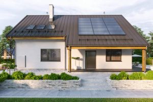 Modern house with solar panels and wall battery for energy storage Sydney